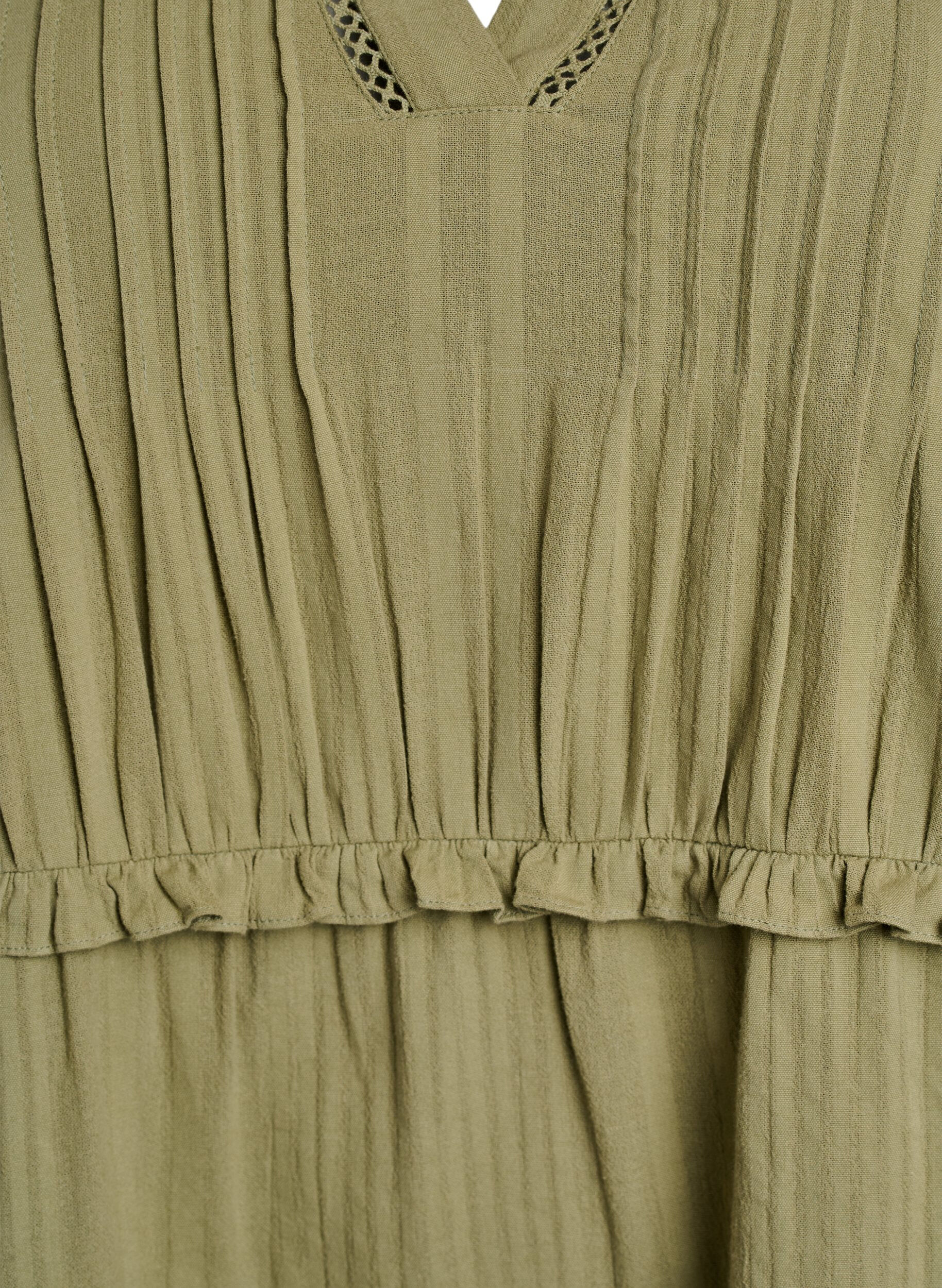 Zizzifashion 3/4 sleeve cotton dress with ruffles, Green, Packshot image number 2