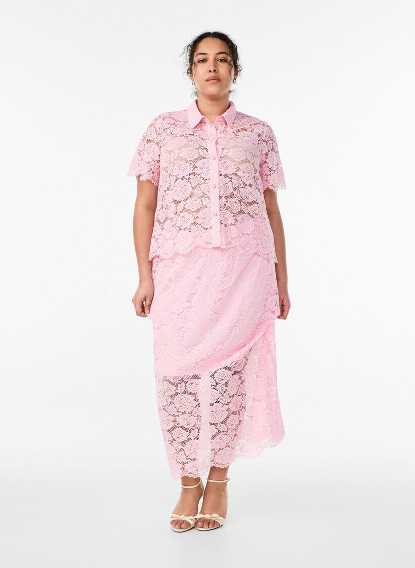 Lace shirt blouse with pearl buttons, Rose, Model image number 1