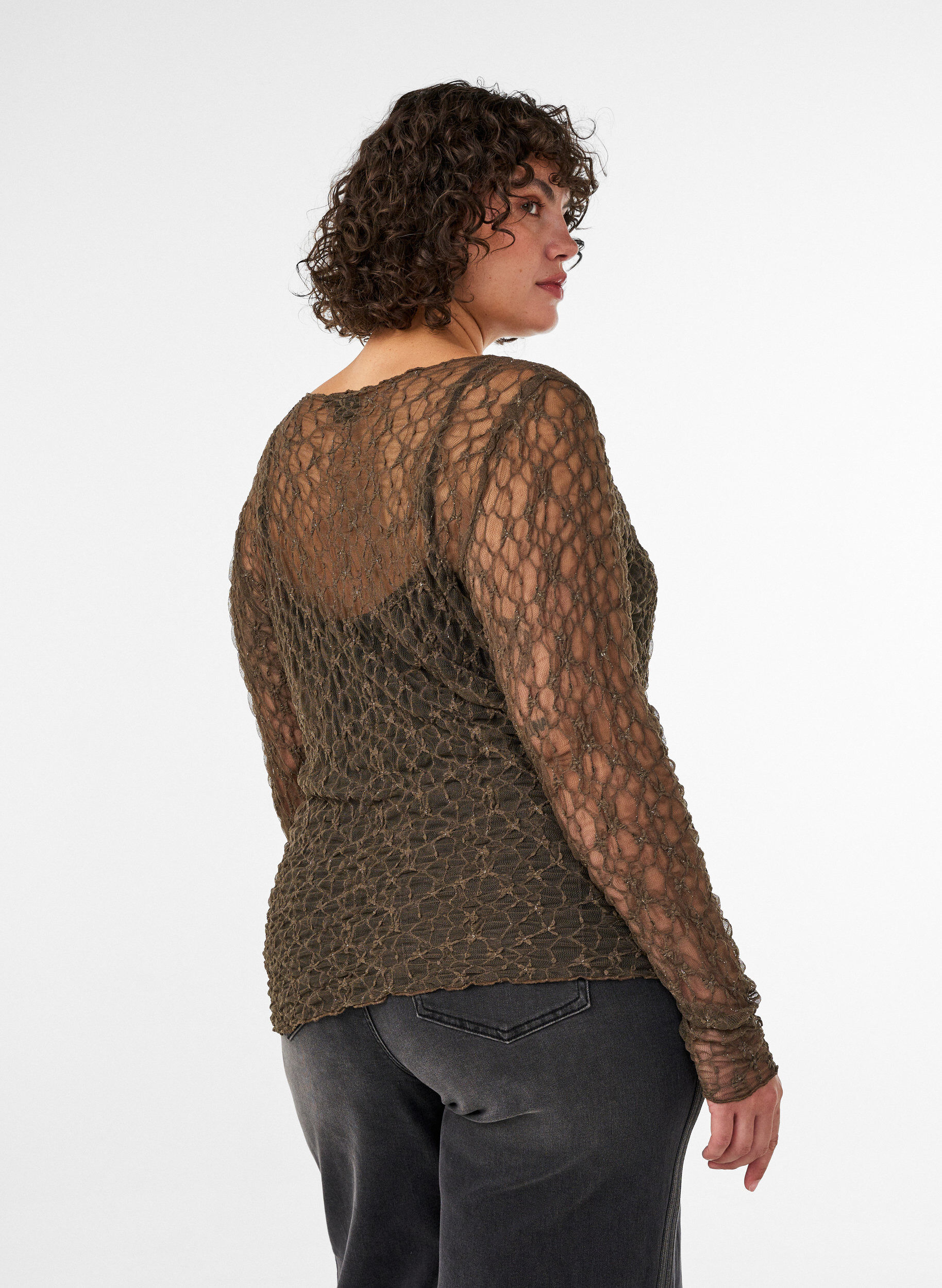 ZizzifashionMesh blouse with pattern and glitter thread, Brown, Model image number 2