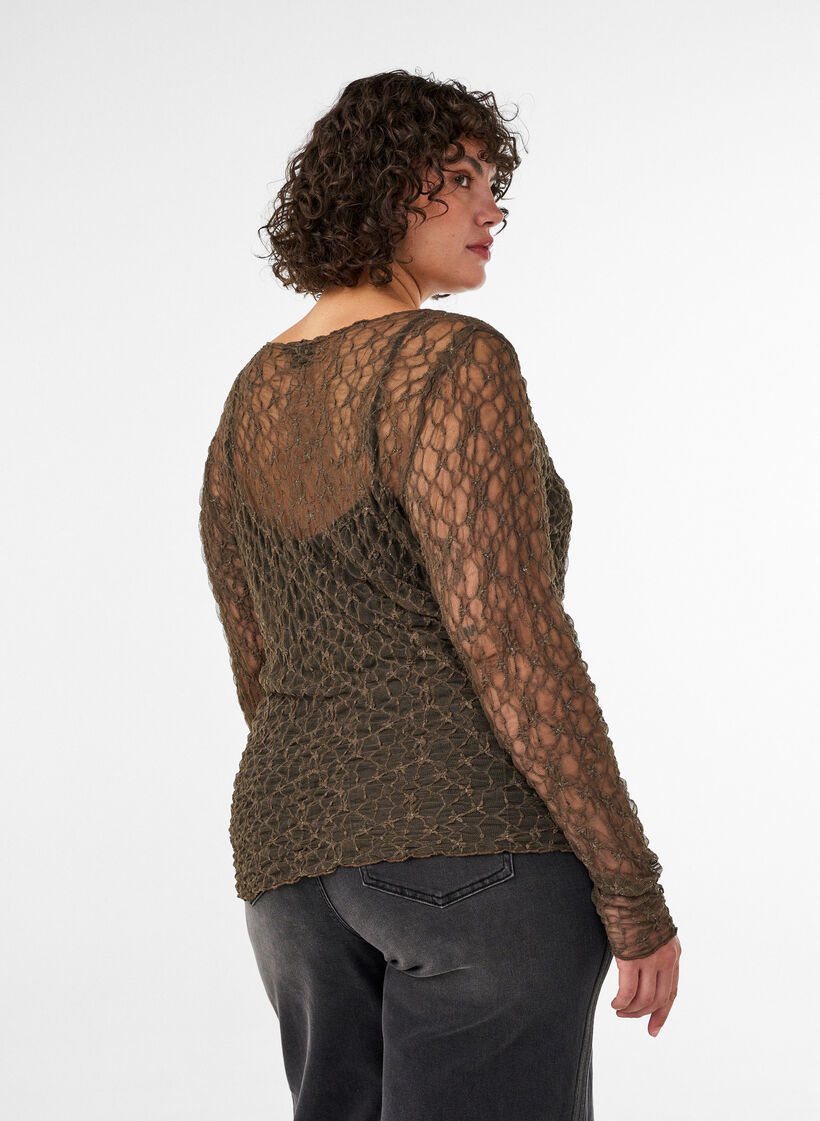 Mesh blouse with pattern and glitter thread, Brown, Model image number 2