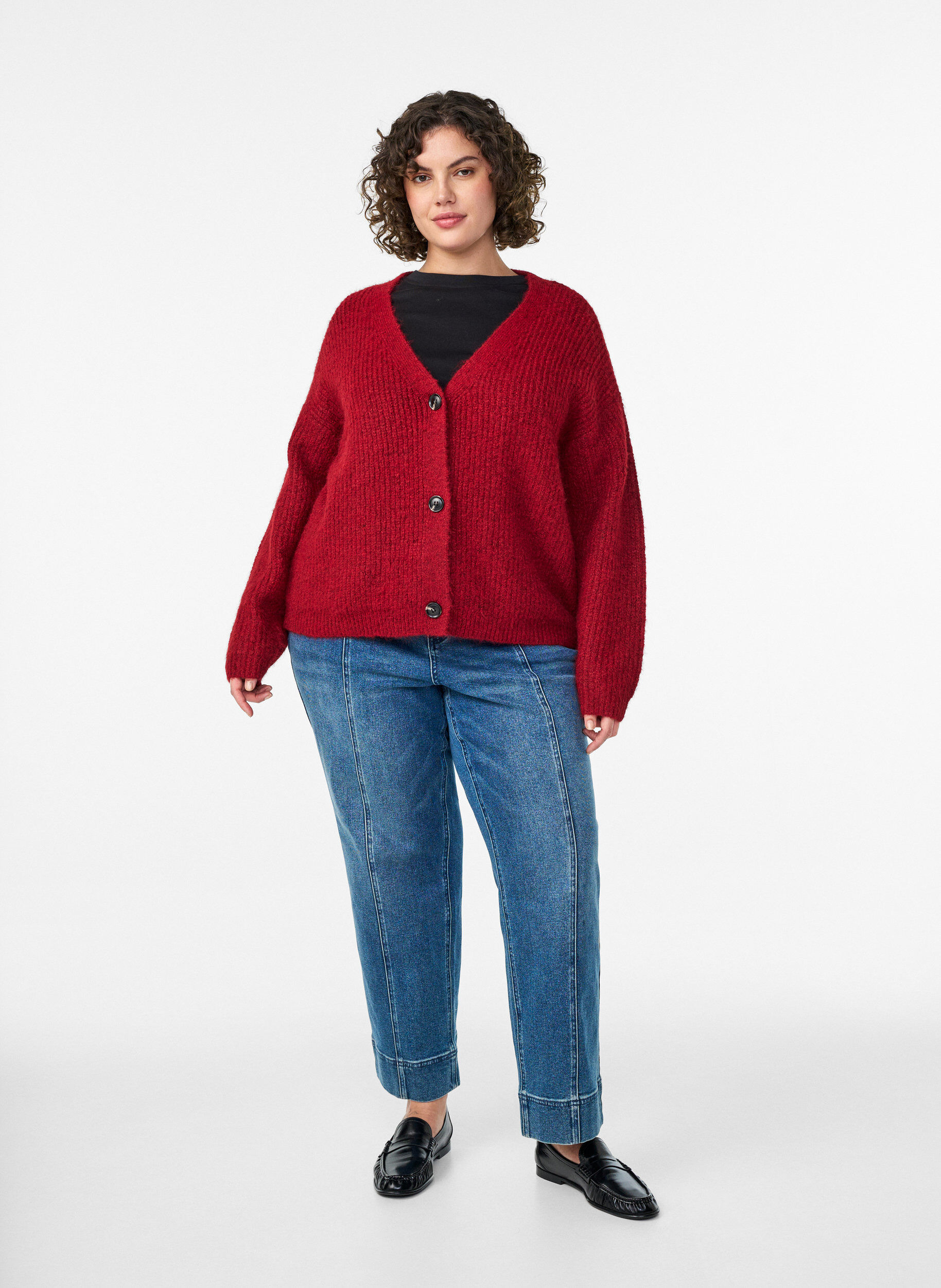 Zizzifashion Knit cardigan with v-neck, Red, Model image number 1