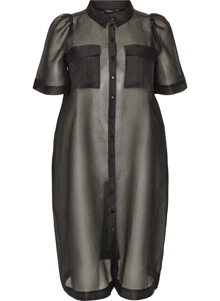 Organza dress with chest pockets and puff sleeves, Black, Packshot image number 0