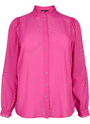 Shirt blouse with ruffles and patterned texture, Festival Fuchsia, Packshot image number 0