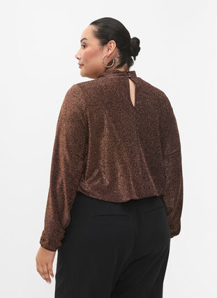 Long-sleeved glitter blouse with round neck and V-detail, Black Copper, Model image number 1