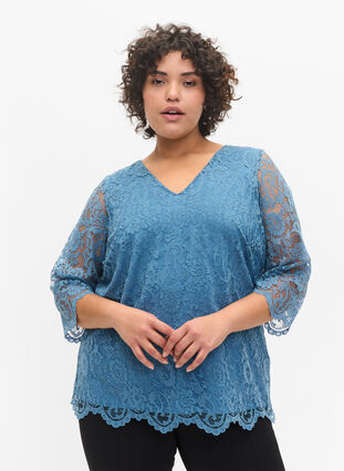 Lace blouse with 3/4 sleeves., Captains Blue, Model image number 0