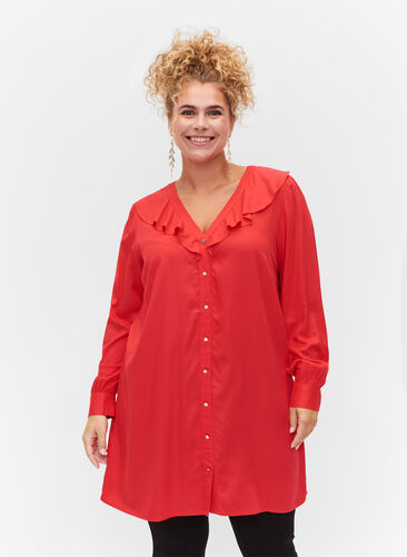 Viscose tunic with ruffle collar, Hibiscus, Model image number 0