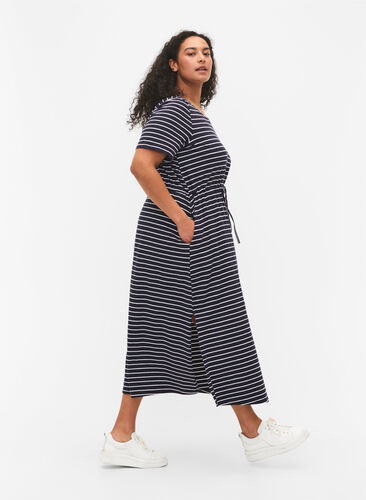 Striped midi dress in cotton with short sleeves, Night Sky Stripe, Model image number 2