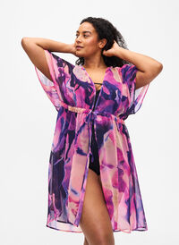 Beach kimono with print, Purple Swirl, Model