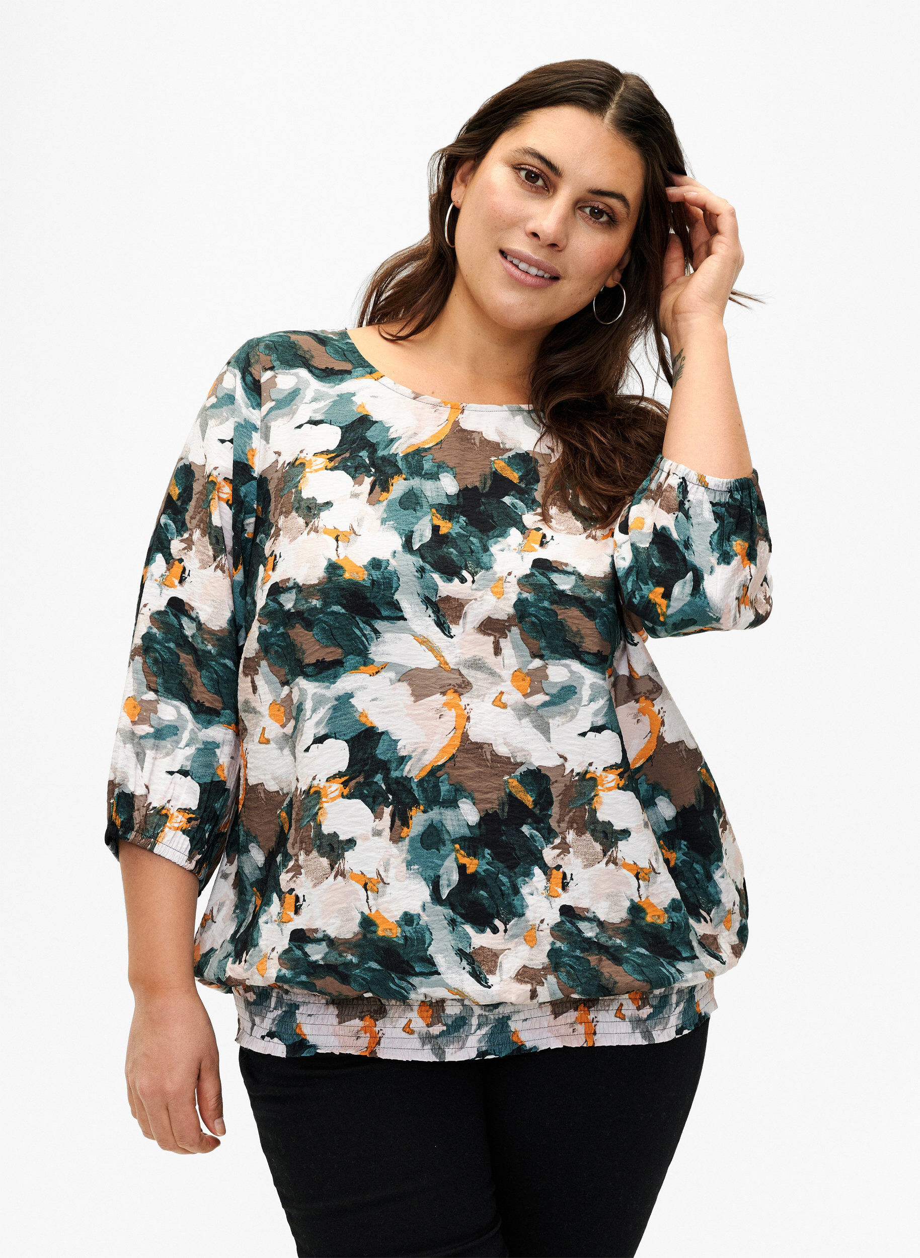 Zizzifashion Viscose smock blouse with print, Duck Gr. Forest AOP, Model image number 0