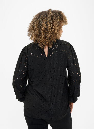 Long-sleeved blouse with hole pattern, Black, Model image number 1