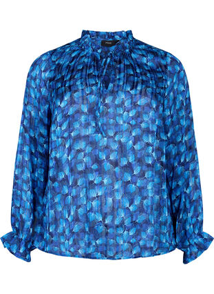 Long sleeve blouse with ruffles and print, Navy Blazer Leaf AOP, Packshot image number 0