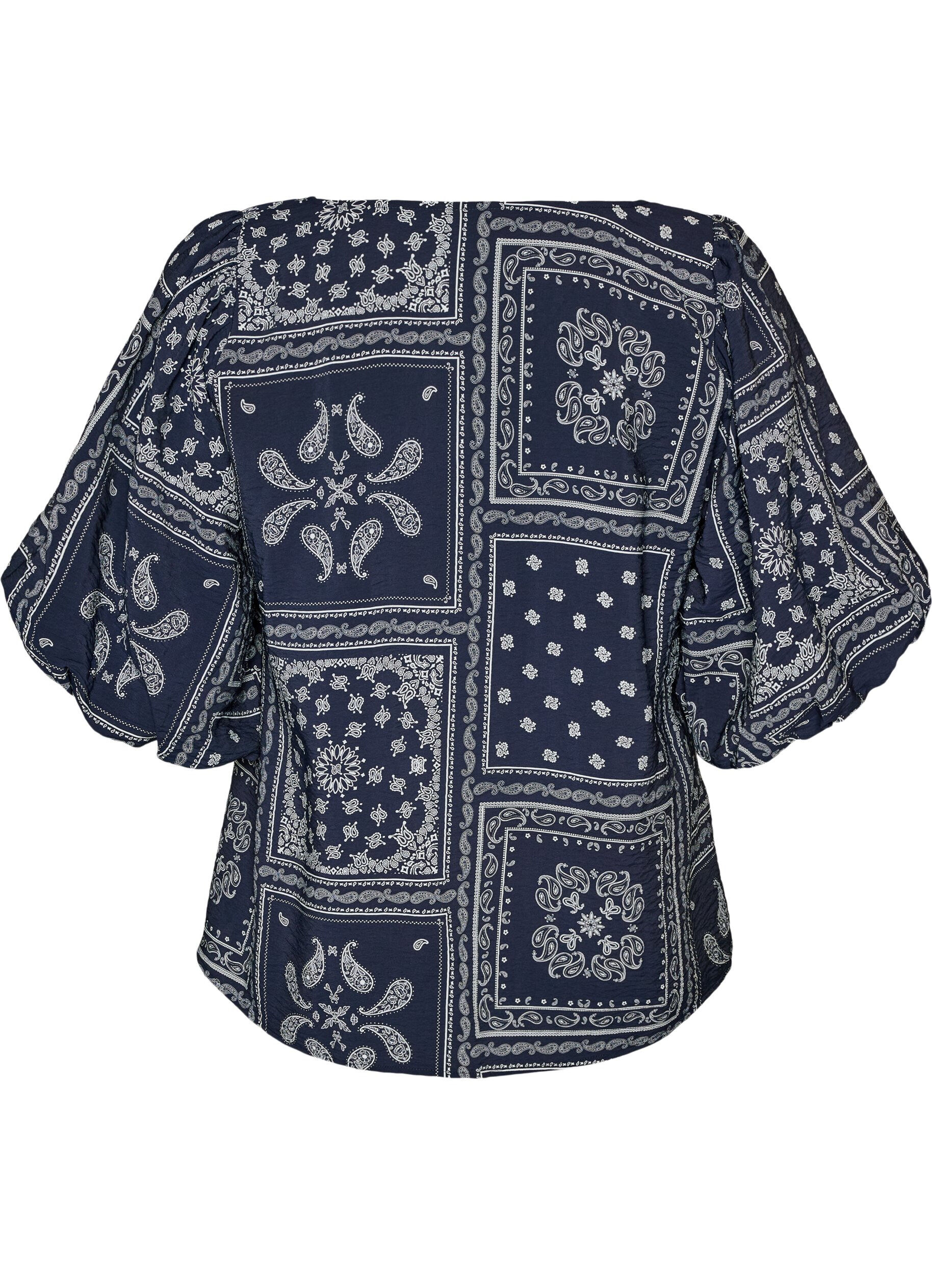 ZizzifashionViscose blouse with paisley print and balloon sleeves, Blue, Packshot image number 1