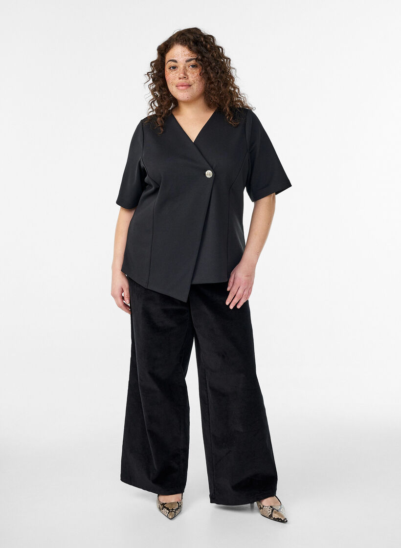 Blouse with asymmetric wrap effect and short sleeves, Black, Model image number 1