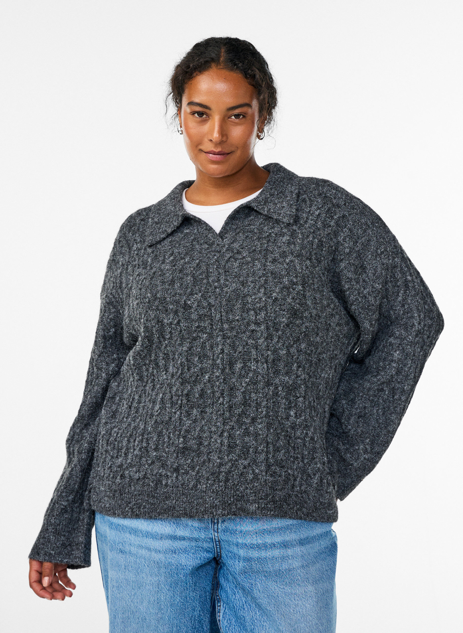 Cable knit sweater with polo collar, Dark Grey, Model