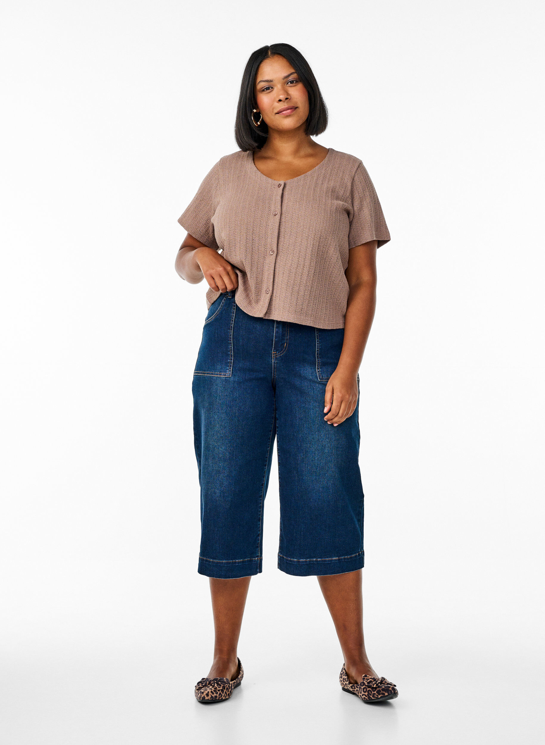 Zizzifashion Jersey cardigan with short sleeves, Brown, Model image number 1