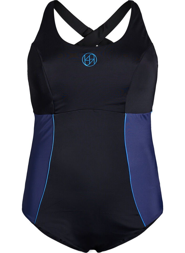 Sports swimsuit with cross straps, Black, Packshot image number 0