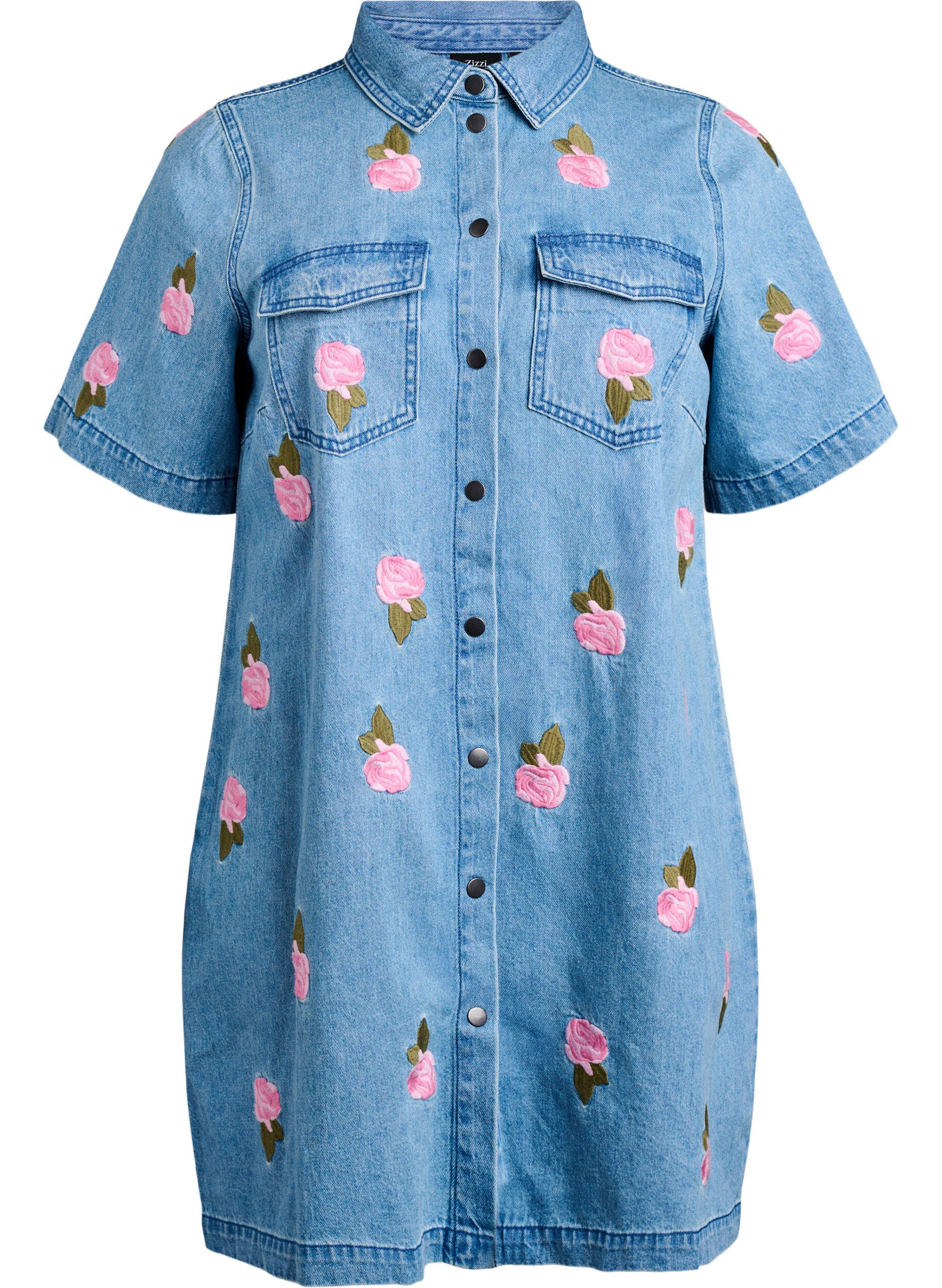 Zizzifashion Short denim dress with embroidered flowers, LBD w. Flower, Packshot image number 0