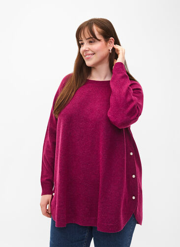 Knitted melange pullover with pearl buttons on the sides	, Raspberry Mel., Model image number 0