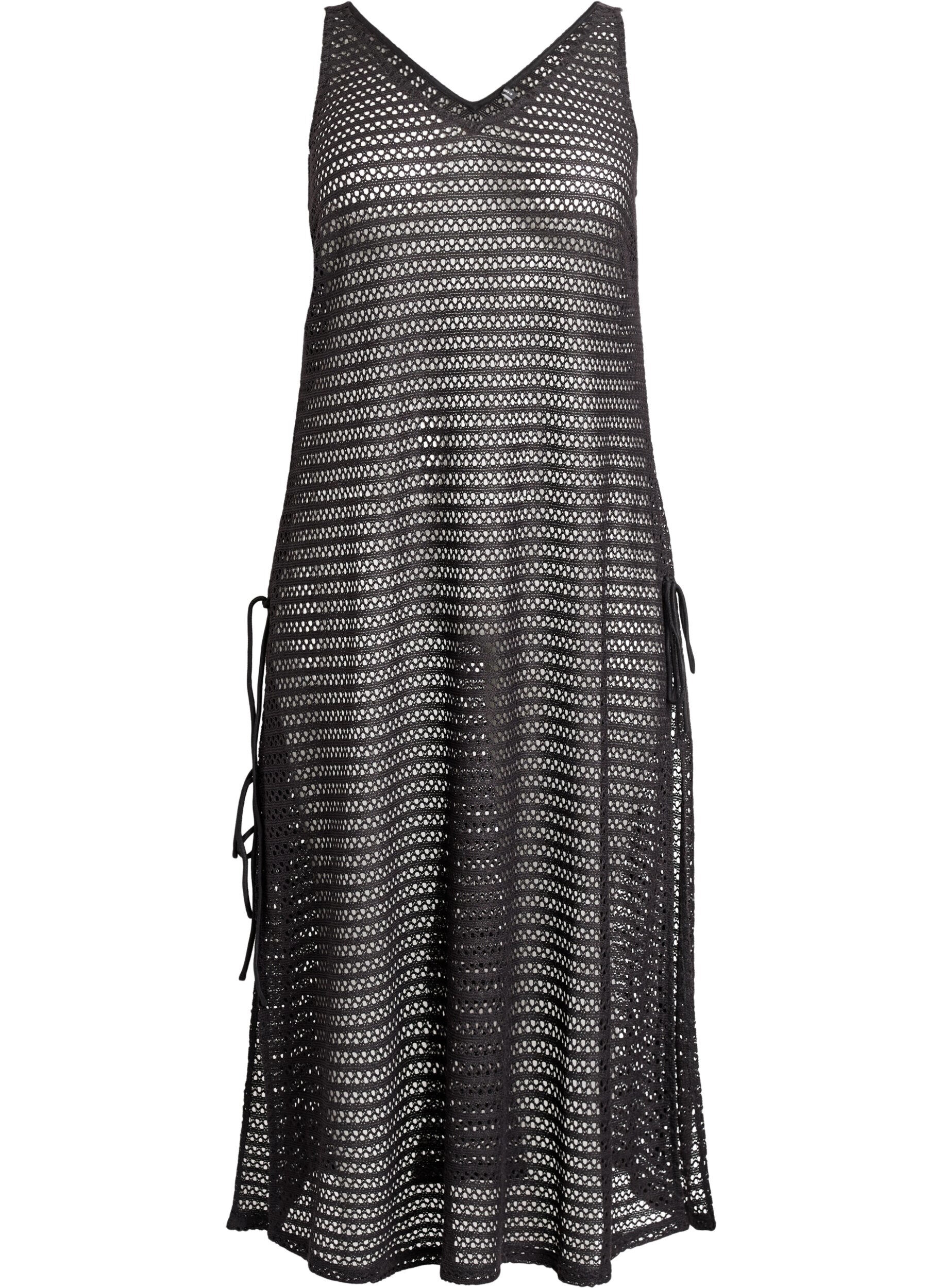 Zizzifashion Sleeveless beach dress with eyelet embroidery and side slits, Black, Packshot image number 0