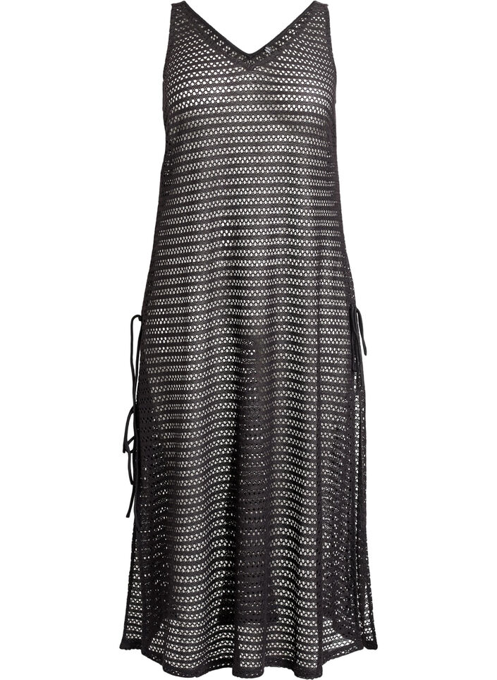 Sleeveless beach dress with eyelet embroidery and side slits, Black, Packshot image number 0