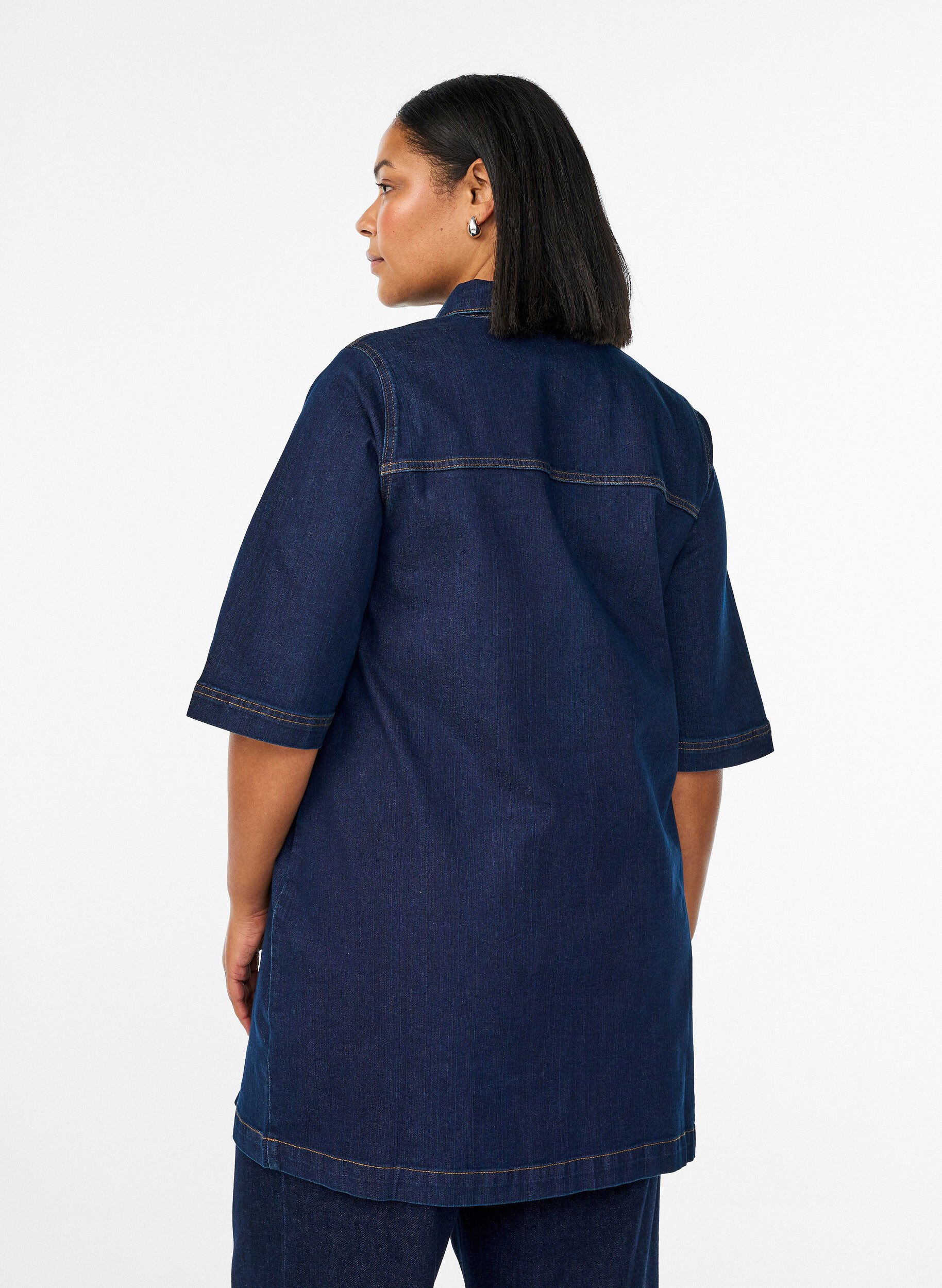 Zizzifashion Denim dress with large pockets and 3/4 sleeves, Blue, Model image number 2