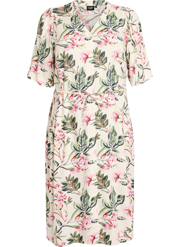 Midi dress with print and tie belt, Vanilla, Packshot image number 0