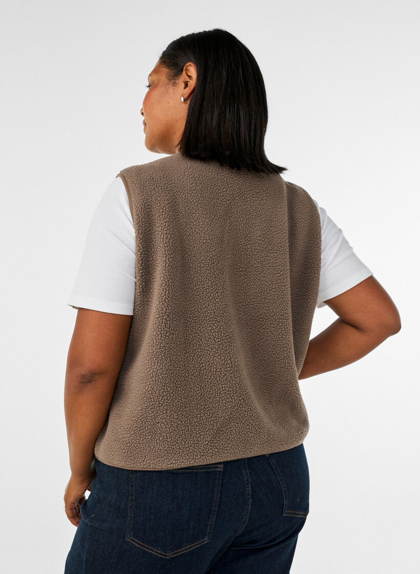 Teddy gilet with buttons and pockets, Brown, Model image number 2