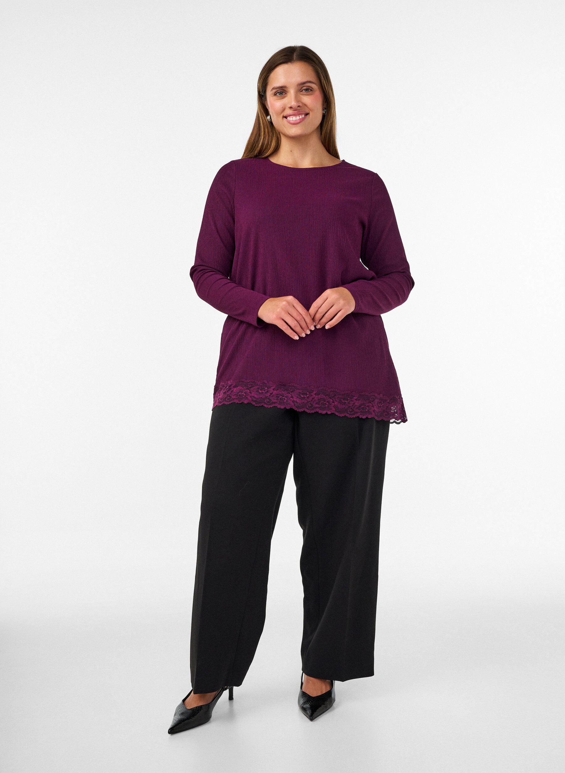 ZizzifashionJersey blouse with asymmetrical lace trim, Purple, Model image number 1