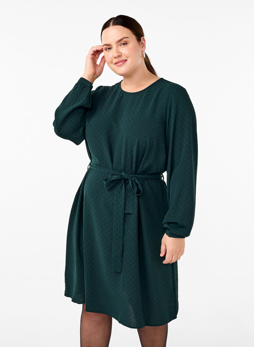 Short textured dress with a tie belt, Scarab, Model image number 0