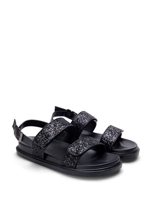 Wide fit glitter sandal with Velcro closure, Black Glitter, Packshot image number 1