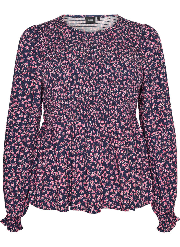Blouse with smocked top and floral print, Blue, Packshot image number 0
