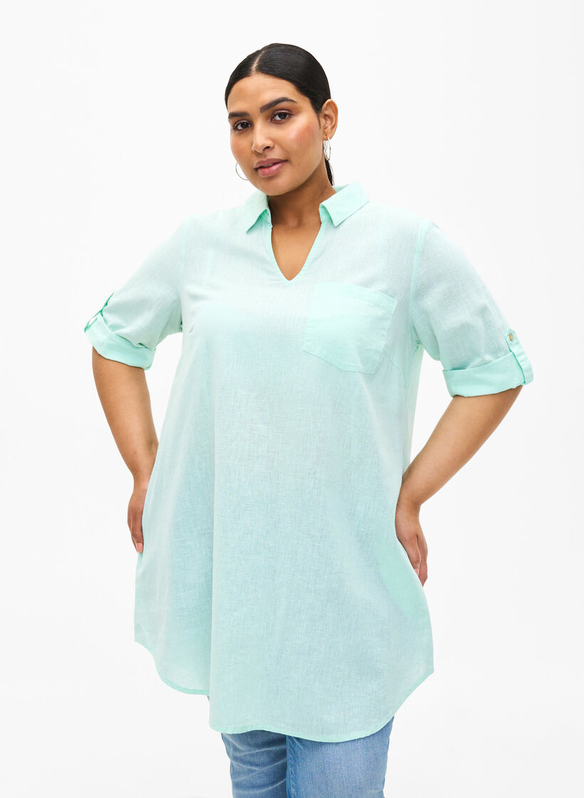 Short-sleeved cotton blend tunic with linen, Brook Green, Model image number 0