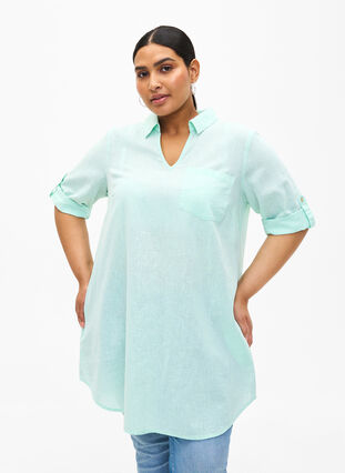 Short-sleeved cotton blend tunic with linen, Brook Green, Model image number 0