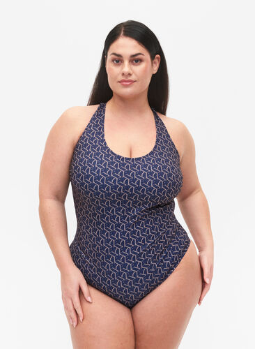Swimsuit with print and crossed back, Text Print, Model image number 0