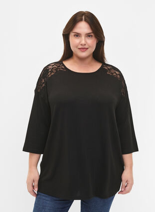 Blouse with 3/4 sleeves and lace detail, Black, Model image number 0
