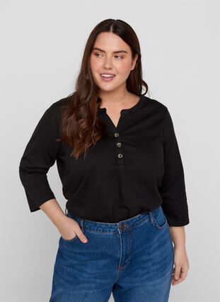 Cotton blouse with 3/4-length sleeves, Black, Model image number 0