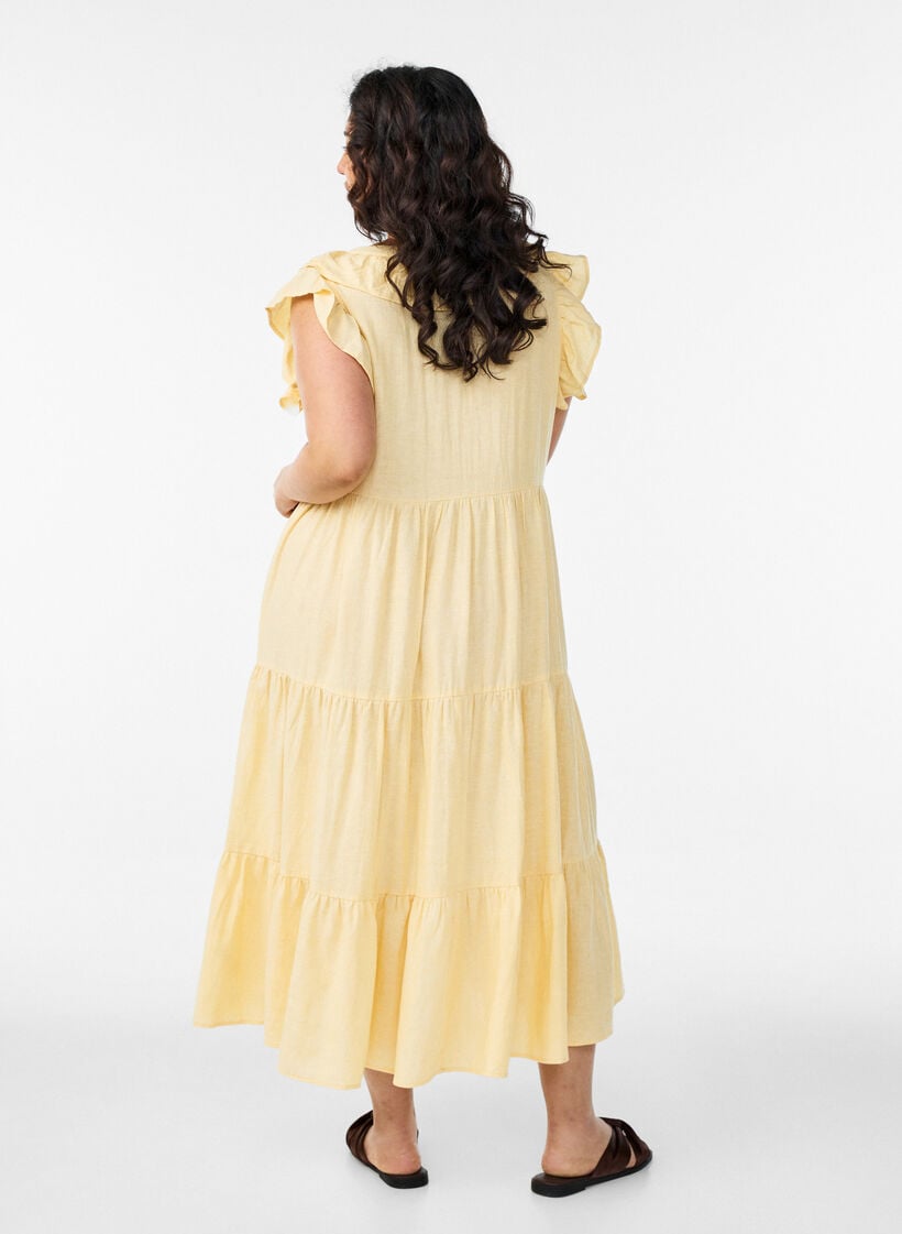 Sleeveless midi dress in linen and viscose with ruffles, Yellow, Model image number 1