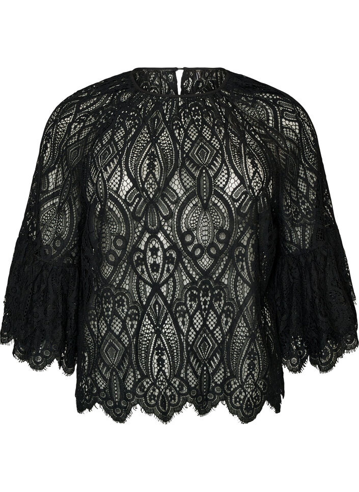 Lace blouse with long trumpet sleeves and ruffles, Black, Packshot image number 0