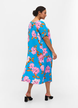 Floral viscose midi dress, Blue Pink Flower, Model image number 1
