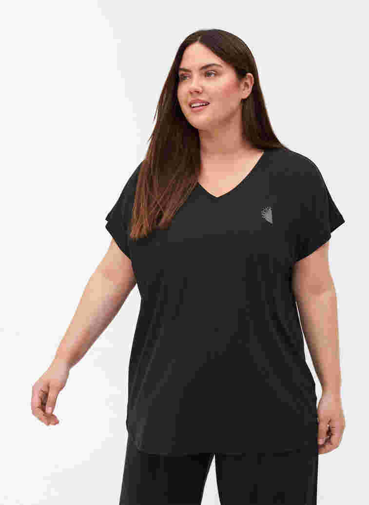 Short-sleeved sports T-shirt with V-neckline, Black, Model