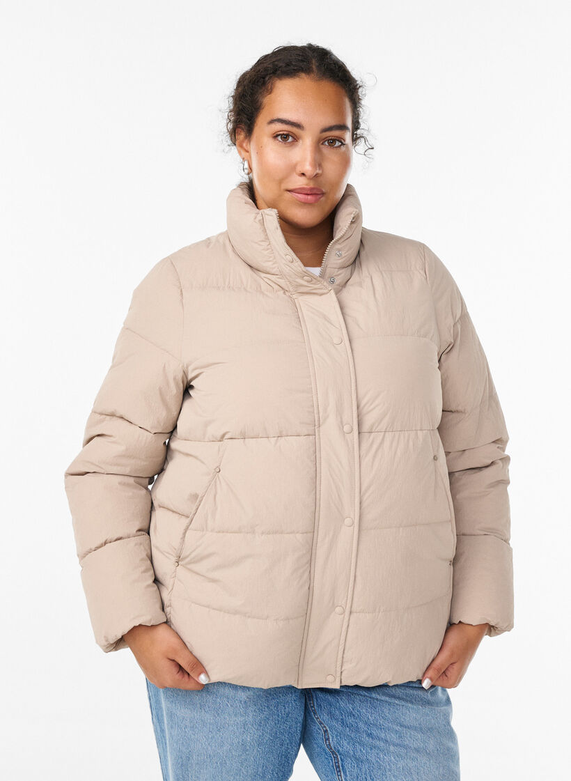 Short padded puffer jacket with a high neck, Beige, Model image number 0