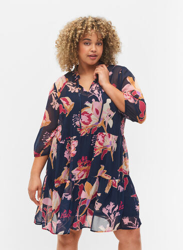 Floral tunic with 3/4 sleeves and ruffle collar, Big Flower AOP, Model image number 0