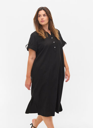 Long short-sleeved shirt dress, Black, Model image number 0