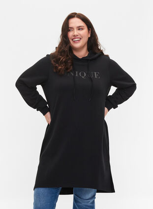 Sweatshirt dress with hood and slit, Black, Model image number 0