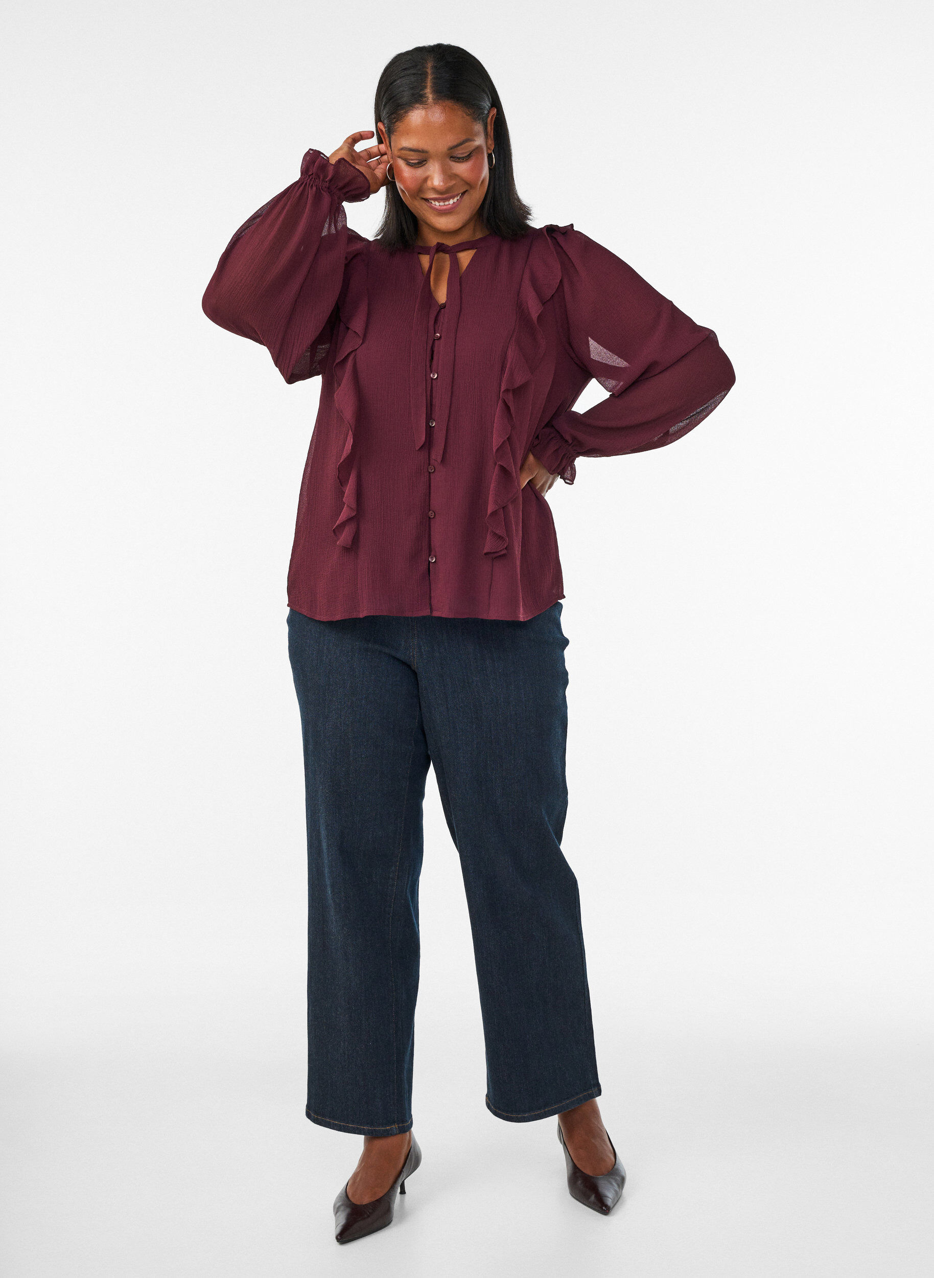 ZizzifashionSheer blouse with ruffles and tie-fastening, Red, Model image number 1