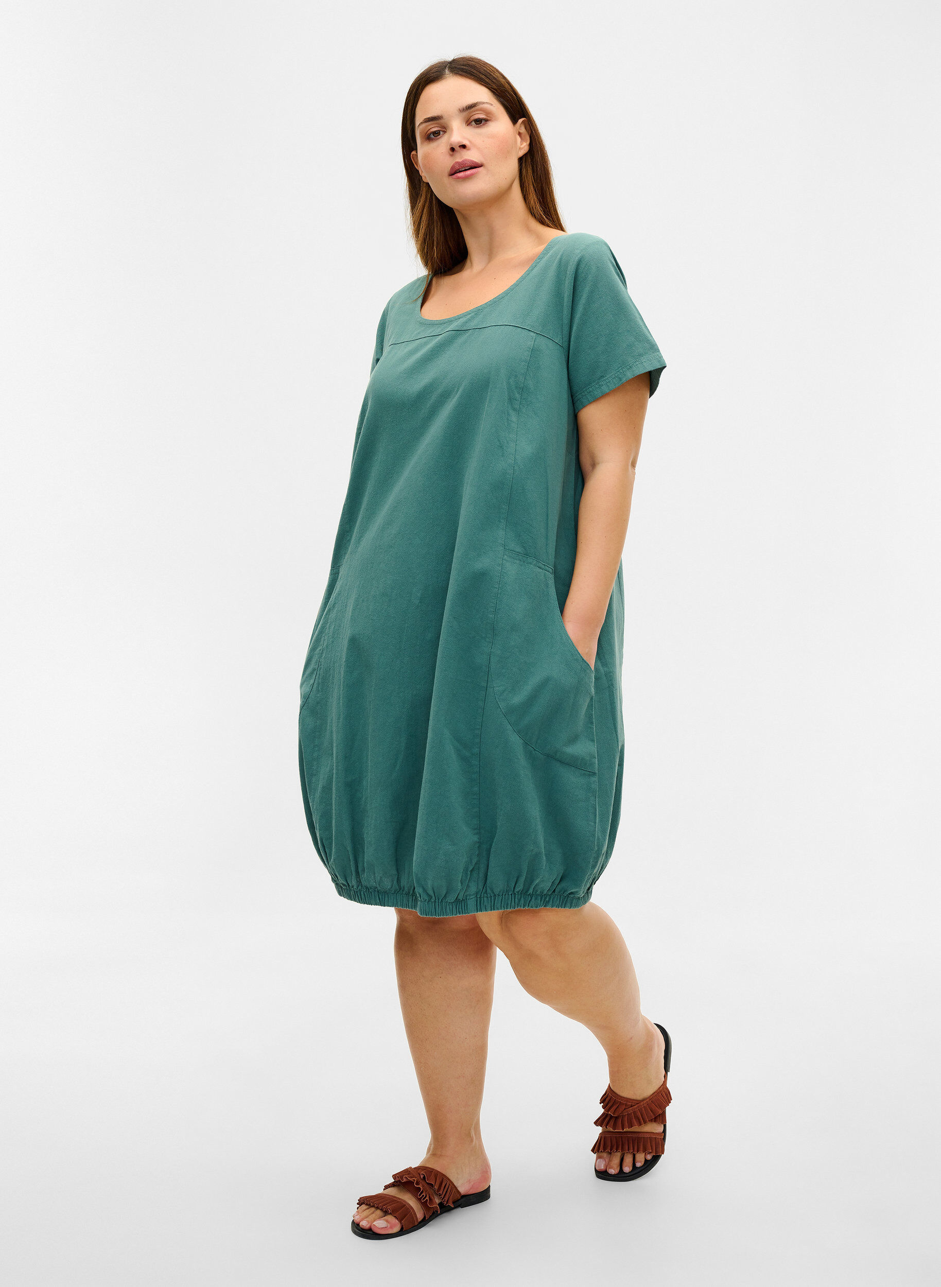 ZizzifashionShort-sleeved cotton dress, Green, Model image number 1