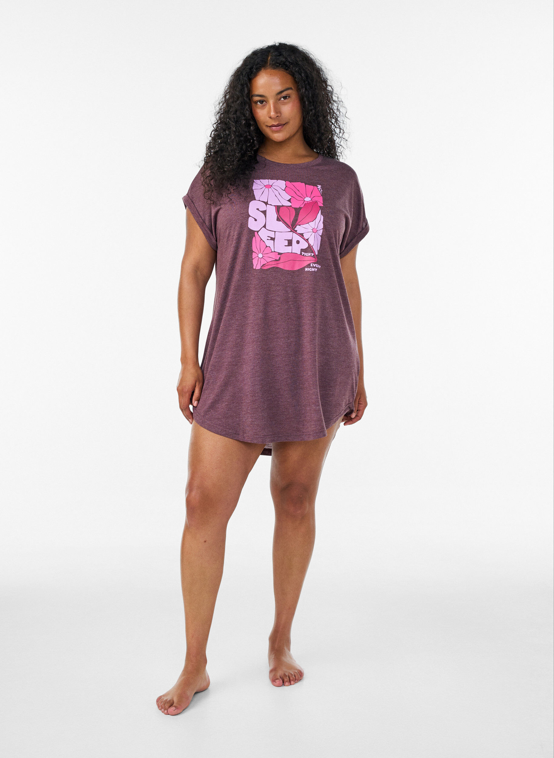 ZizzifashionShort sleeve nightgown with text print, Dark Bordeaux, Model image number 1