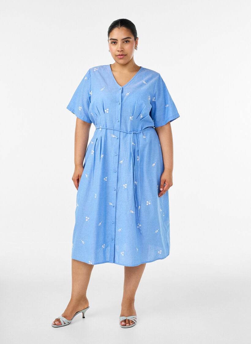 Cotton shirt dress with embroidered flowers, Light Blue, Model image number 0