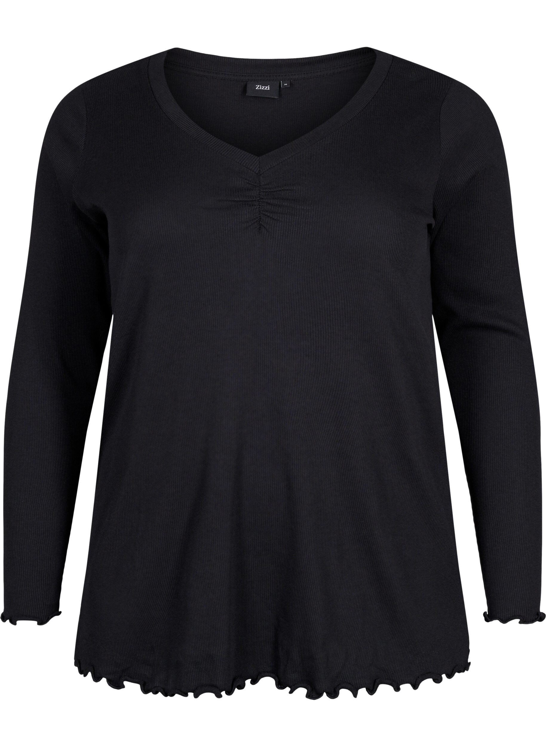 Zizzifashion Ribbed blouse with long sleeves and V-neck, Black, Packshot image number 0