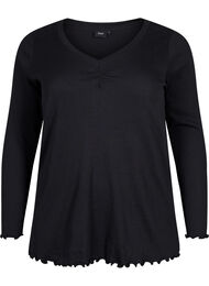 Ribbed blouse with long sleeves and V-neck, Black, Packshot